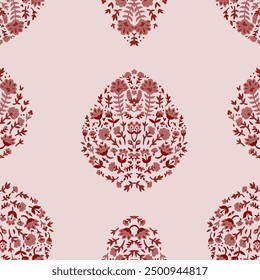 Red ornamental floral pattern with intricate details, seamlessly repeating. Ideal for textiles, wallpapers, and backgrounds. Vector illustration isolated on a white background.