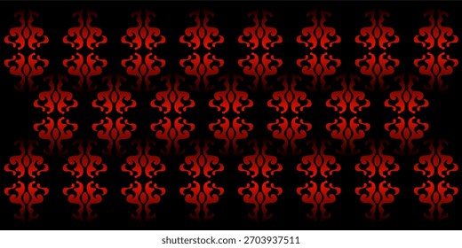 Red ornamental floral-inspired pattern on a black background arranged in a symmetrical seamless layout suitable for textiles and traditional decorative themes.