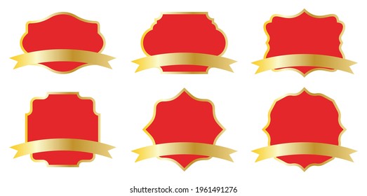 Red ornamental label frames with gold ribbons. Retro badge vector set. Vintage packaging design templates for bottles, jars, cups or dishes. Special supermarket promotional offer price tag.