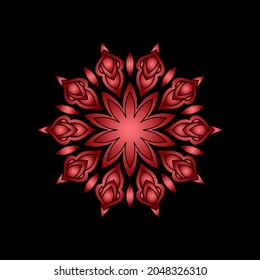 Red ornamental round pattern on black background. Card template design. Vector illustration.