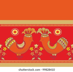 Red ornamental vector border pattern with decorative birds and floral bouquets - tulips