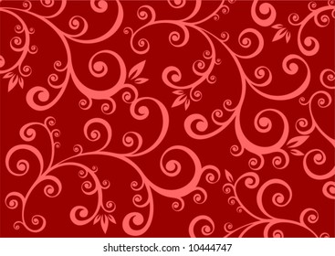 Red ornate floral elements on a dark red background.