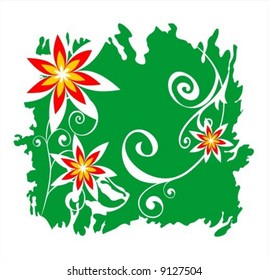 Red ornate flowers on a  green grunge background. Digital illustration.