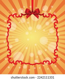 Red ornate frame with bow on sunbeam abstract background. Holiday greeting card.