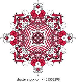 Red ornate geometric symmetrical pattern with intricate detailed swirling shapes over white background