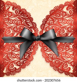 Red ornate lace vector greeting card template with black bow