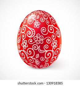 Red ornate vector traditional Easter egg with white floral ornament