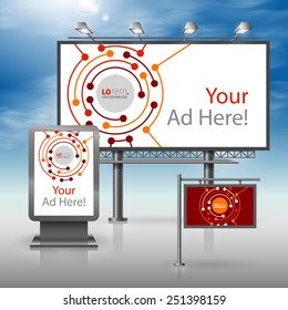 Red Outdoor Advertising Design For Corporate Identity With Round Digital Elements. Stationery Set