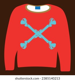 The red outfit in front of the background and the blue bone pattern in front of it