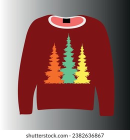 The red outfit in front of the background and the tree pattern in orange, green and yellow in front of it