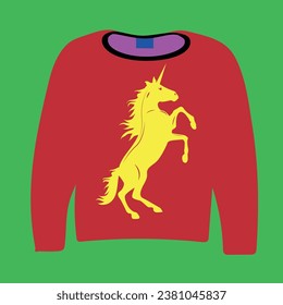The red outfit in front of the background and the yellow unicorn pattern in front of it