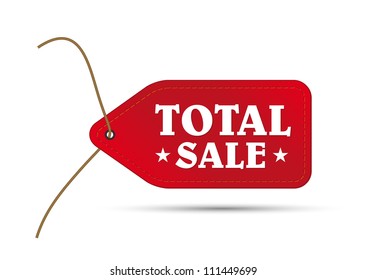 red outlet tag sale with text total sale and two stars