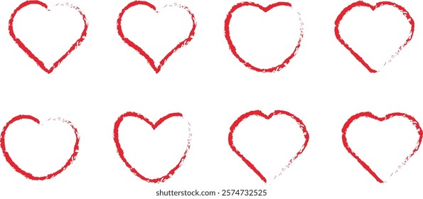 Red  outline brush heart set, symbol of Valentine's day.  Valentines Day love vector hand draw design concept 