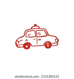 Dibujo de contorno rojo de un coche con una luz en la parte superior sobre un fondo blanco.