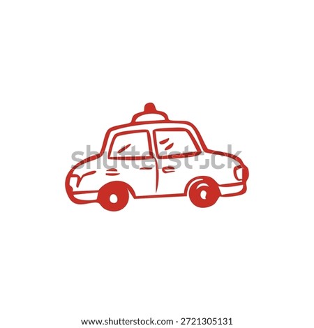 Red outline drawing of a car with a light on top on a white background.