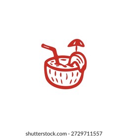 A red outline drawing shows a refreshing tropical drink served in a coconut shell with a straw, fruit slice, and mini umbrella.