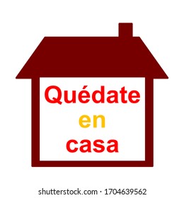 Red outline house with the read and yellow Spanish text mean ‘stay at home’. Covid-19 or Coronavirus prevention. Illustration vector.  