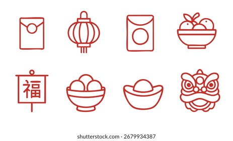 Red outline icons including lantern envelope ingot bowl lion head