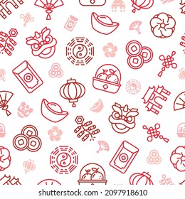Red outline icons of Lunar New Year as repeatable pattern.