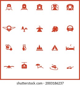 Red outline icons for travel, journey, sports and recreation in vector. 
