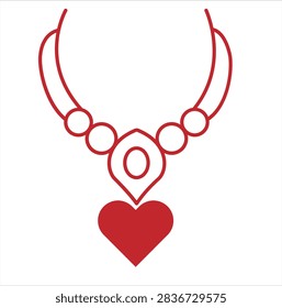 Red outline illustration of an elegant beaded necklace featuring a prominent teardrop-shaped pendant at the center. Suitable for jewelry, fashion accessories, boutique collections, handmade crafts, and ornamental design concepts.