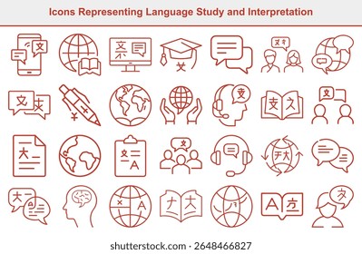 Red outline language and translation icons set. Linguistic globalization, conversation, interpreting, studying Mandarin, communication symbols on white.