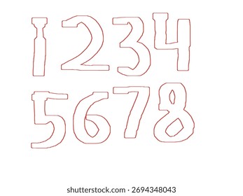 Red outline numbers one through eight isolated on transparent background