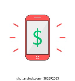 red outline phone with dollar mark. concept of nfc, ui, debit, receive income, global wallet, balance, retail, credit. flat style trend modern logotype design vector illustration on white background