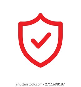 Red outline shield with a prominent checkmark, symbolizing digital security, protection, verification and trust.