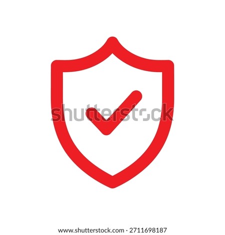 Red outline shield with a prominent checkmark, symbolizing digital security, protection, verification and trust.