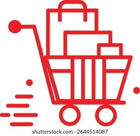 Red outline shopping cart with boxes, e-commerce icon, retail store, delivery process, digital marketplace