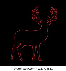 Red outline silhouette of reindeer with big horns isolated on black background. Vector illustration, icon, clip art, sign, symbol of deer for design, coloring book page.