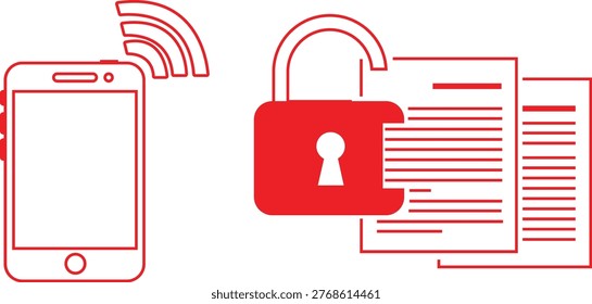 Red outline of a smartphone with wifi signal next to an unlocked padlock and documents
