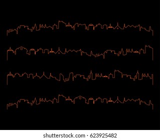 Red outline vector cityscape silhouettes set