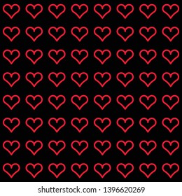 Red outlined hearts pattern on black background. Modern print for postcard, greeting card, poster, wedding invitation, wallpaper, wrapping paper, textile, fabric. Simple flat design. Valentine texture