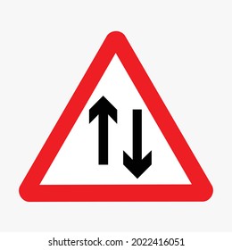 Red outlined image of triangle road sign.

