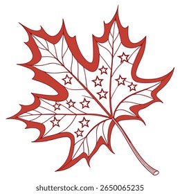 A red outlined maple leaf with star shapes inside, set against a clean white background.