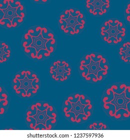 Red Outlined Snowflake simple seamless pattern. Snow on blue background. Abstract wallpaper, wrapping paper pattern. Symbol of winter, Merry Christmas holiday, Happy New Year celebration Vector