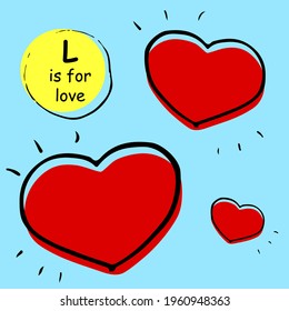 Red outlined vector hearts on white background. Concept for kids children learning material, alphabet, wrapping print. Doodle sketch for the Valentine day, wedding and romantic love drawings