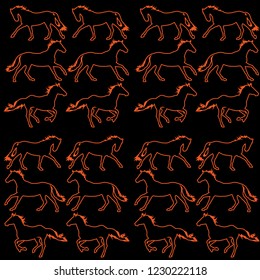 Red outlines of horses on a black background - seamless vector pattern. Glowing silhouettes of moving animals. For web design, wrapping paper, prints
