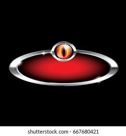 Red oval background with a silver frame and a cat eye, with space for your text. Vector illustration.