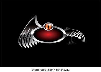 Red oval background with a wing shaped silver frame and a red eye, with space for your text. Vector illustration.