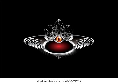 Red oval background with a wing shaped silver frame and a red eye, with space for your text. Vector illustration.