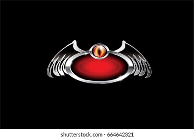Red oval background with a wing shaped silver frame and a red eye, with space for your text. Vector illustration.