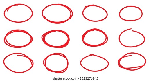 Red oval brush round frame in doodle vignetting marker vibes. Hand drawn ink. Vector icons in flat style