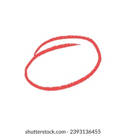 Red oval drawn by hand with wax crayon or pencil, charcoal, chalk. doodle colorful wavy lines emphasis. Vector illustration isolated on white