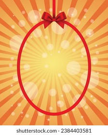 Red oval frame with bow on sunbeam abstract background. Holiday greeting card.