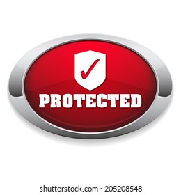 Red oval protected button with metallic border on white background