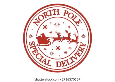 Um selo oval vermelho apresenta Papai Noel em seu trenó, puxado por renas, com texto festivo.