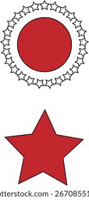 Oval vermelho rodeado por estrelas e uma estrela vermelha abaixo dele sobre um fundo branco em um design minimalista